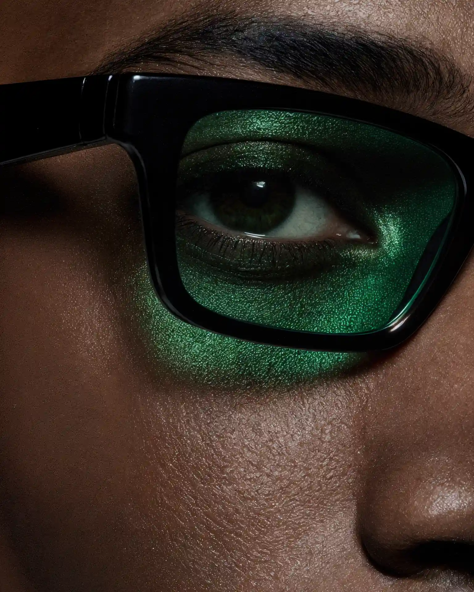 Gros plan sur un œil derrière des lunettes aux verres verts